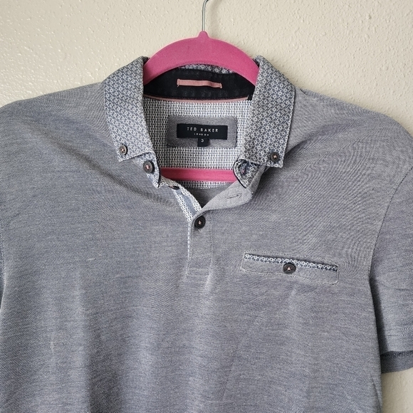 Ted Baker Heathered Gray Polo Button Down Top Casual Mens Size 3 - Picture 5 of 9